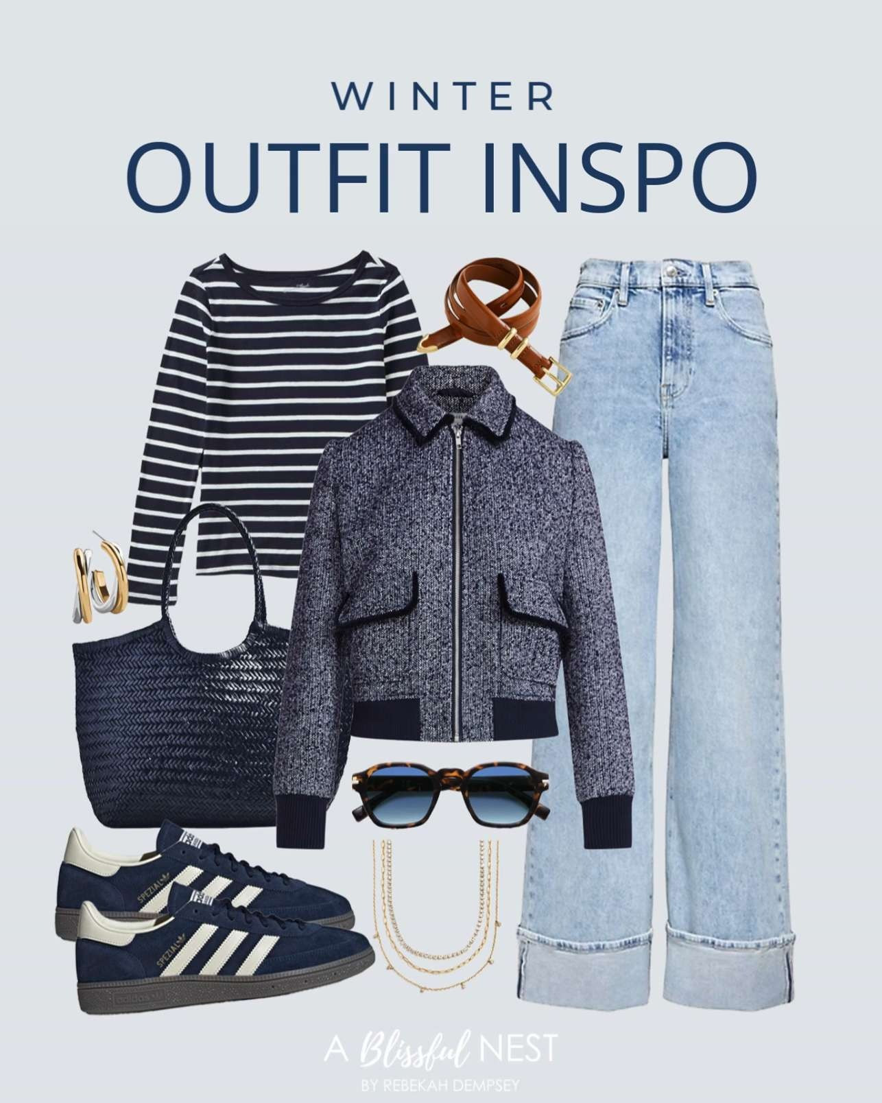 Elevated winter basics you’ll reach for all season long. Shop my picks.

tweed bomber jacket, long sleeve T-shirt, high rise wide leg jeans, gold waterproof necklace, vintage retro polarized sunglasses, Italian leather belt, gold earrings, woven leather tote bag, Adidas blue shoes. 

 #LTKootd #LTKSeasonal #LTKMidsize