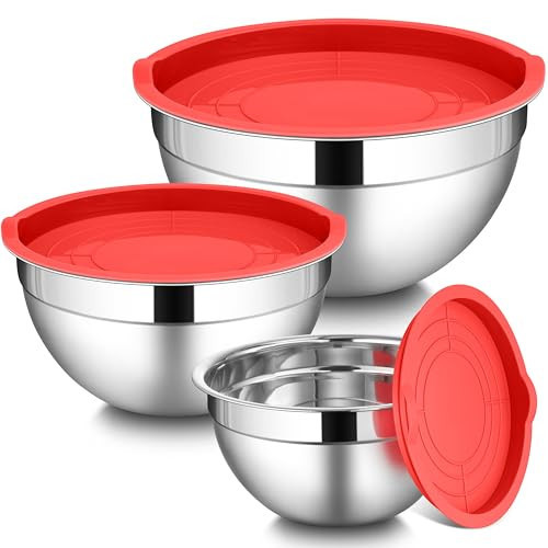 LIANYU Stainless Steel Mixing Bowls with Leak-Proof Lids, 3 Pieces Stainless Steel Deep Nesting Mixing Bowls for Kitchen Cooking, Storage, Baking, 1.5QT & 3QT & 4.6QT, Red | Amazon (US)