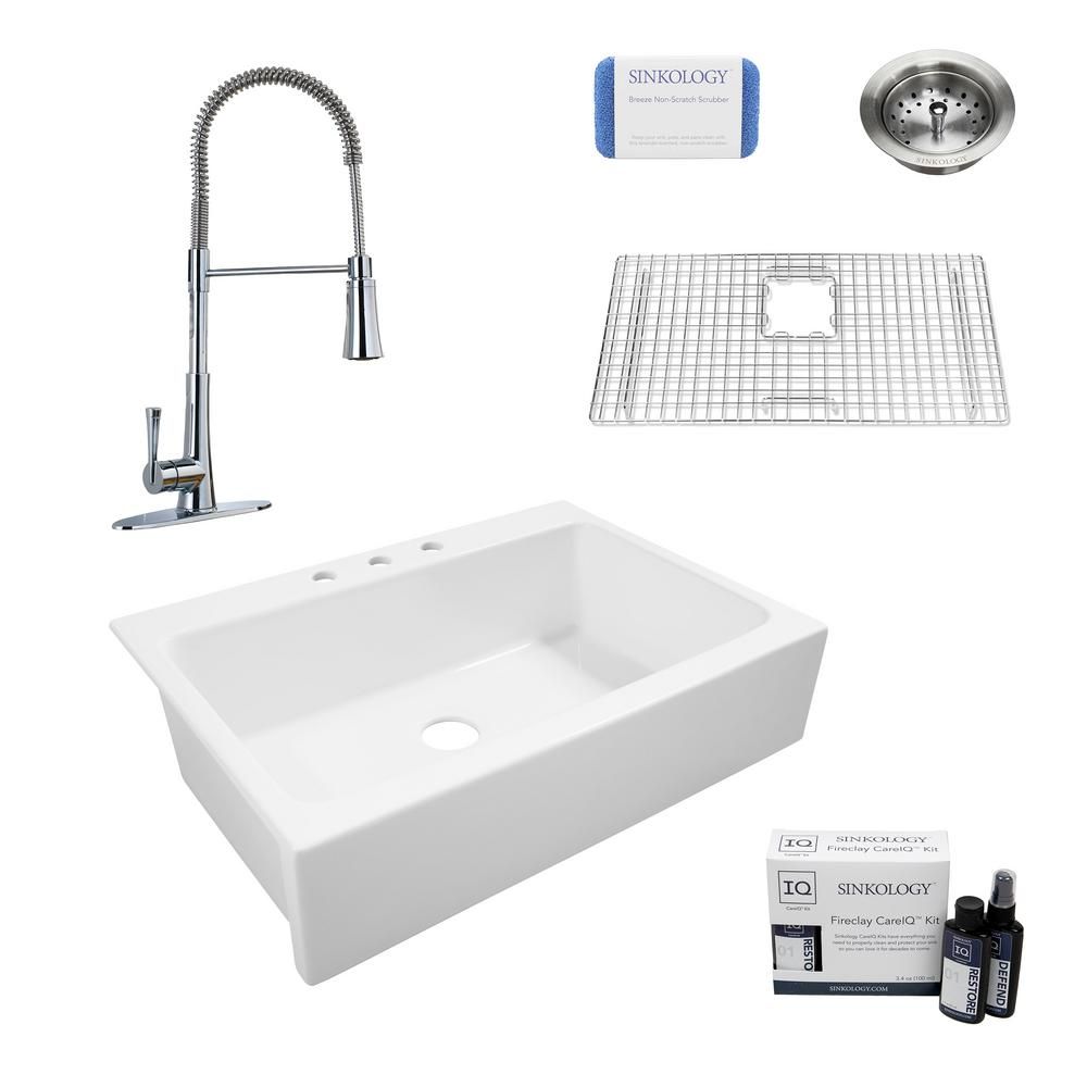 Josephine All-in-One Quick-Fit Farmhouse Fireclay 33.85 in. 3-Hole Single Bowl Kitchen Sink with ... | The Home Depot