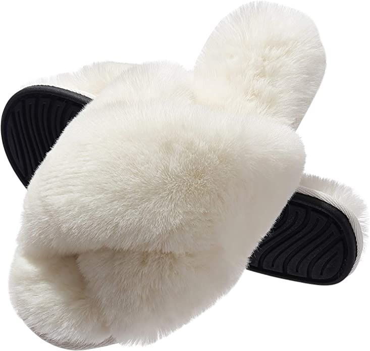Slippers for Women, Cross Band Plush Fleece Anti-Skid Memory Foam Slip On Fuzzy Slides for Indoor... | Amazon (US)