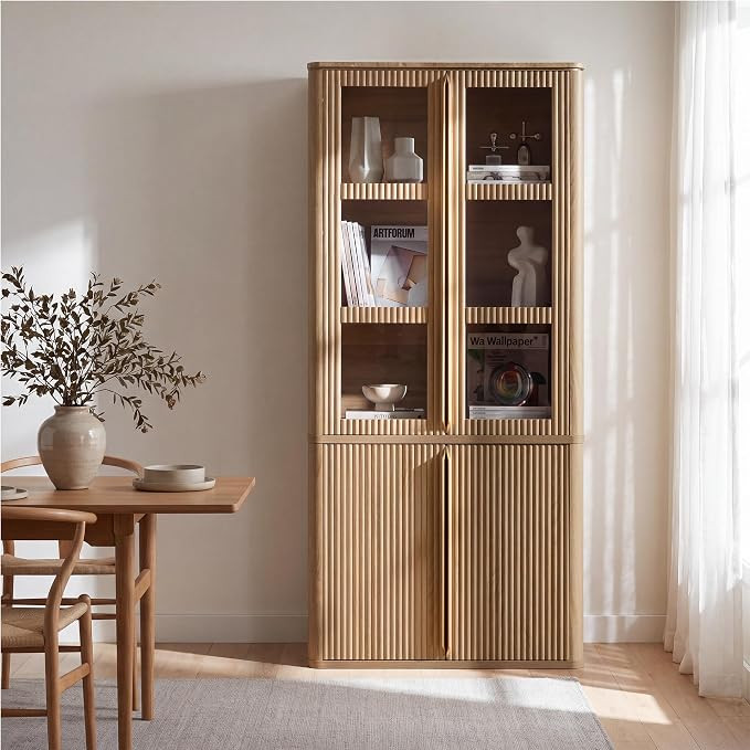 77" Tall Pantry Cabinets with Glass Doors, Fluted Storage Cabinet, Oak 1pc | Amazon (US)