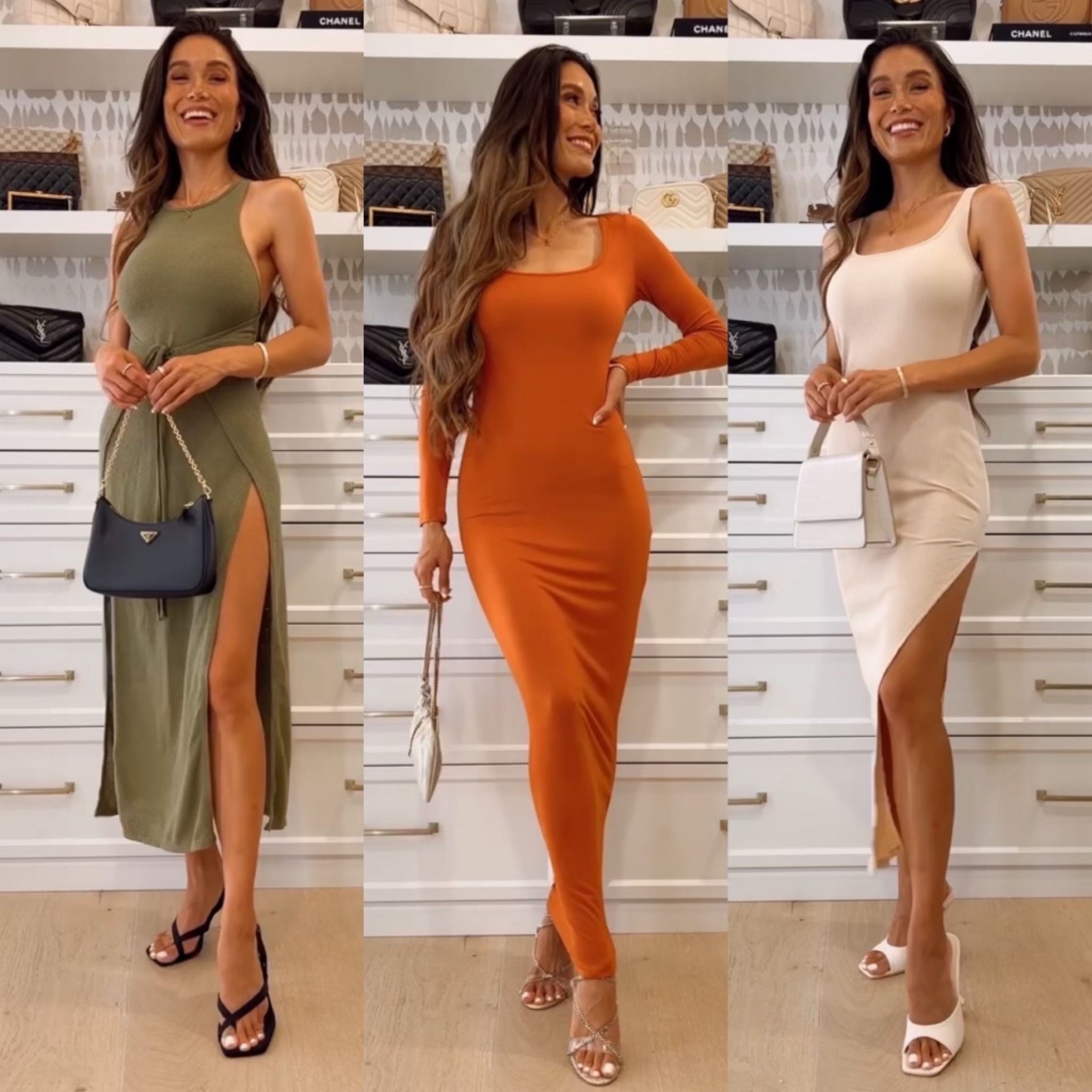Gorgeous girly!!! Hello!!! Hope you’re having the most gorgeous day!! 😍☀️☁️ These body hugging Amazon dresses are in such pretty fall hues!! 🍁🍃🍂 The olive green one is my fav!! Wearing size XS in the olive green dress and Small in the rust brown dress and beige dress, and size 8 in my shoes!!! The black sandals are low in stock! Appreciate you sis!! 🌻❤️🤗

#LTKunder100 #LTKSale #LTKunder50