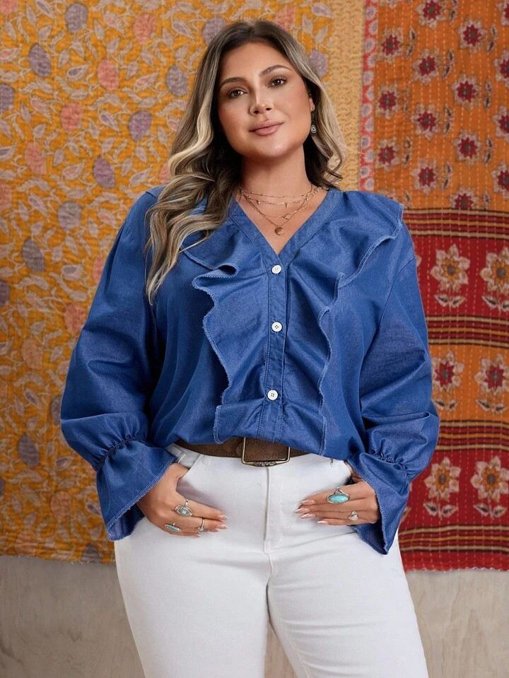 EMERY ROSE Plus Size Casual Vacation Solid Color Washed Top Fall Cloth For Women | SHEIN