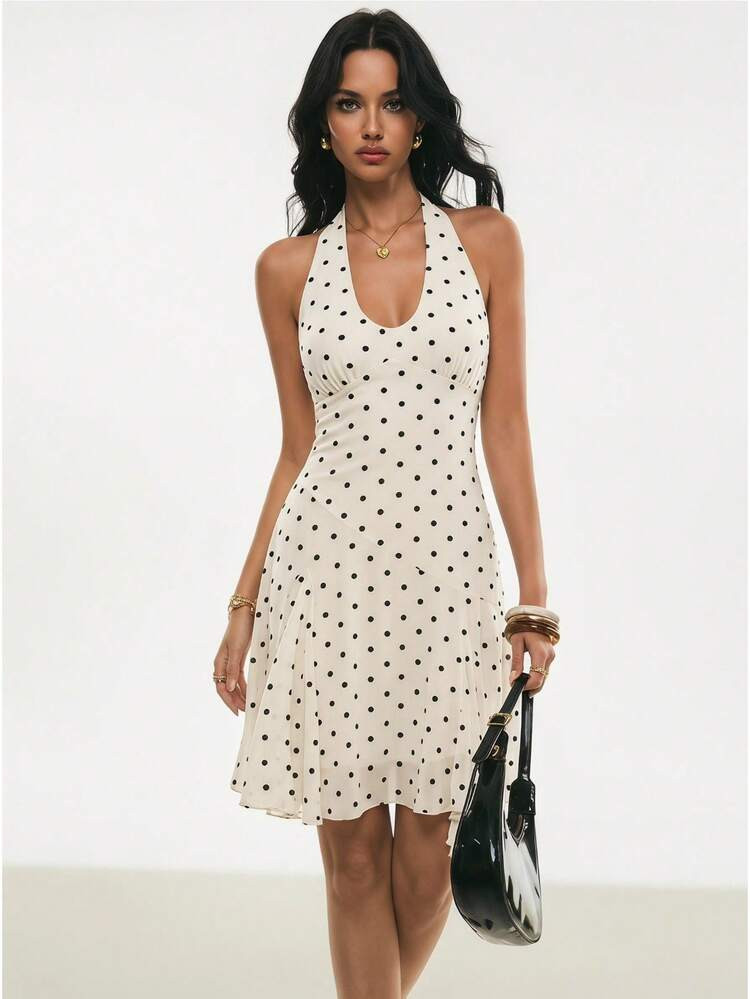 Poéselle Abito Elegante Francese Bianco Con Motivo Jacquard A Pois E Orlo Asimmetrico | SHEIN