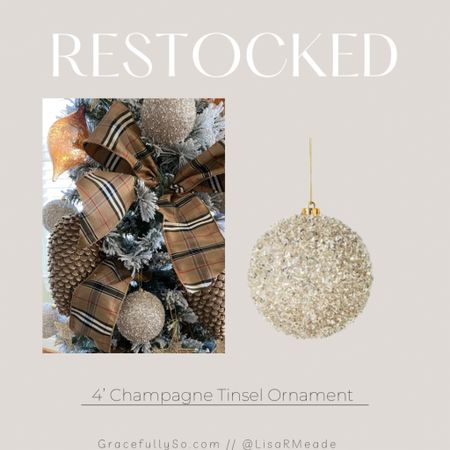 Restocked! Tinsel Ornament - Target
.
.

Christmas tree decor 
.
.
Christmas / tree / artificial tree / ornaments/ target / tartan / ribbon / tree ribbon / ball ornament / jumbo ornaments/ fake tree / flocked tree / bows / deck the balls / Christmas decorations / Santa / holiday / holiday decor / tinsel / ornament / champagne/ neutral 

#LTKHoliday #LTKSeasonal #LTKhome