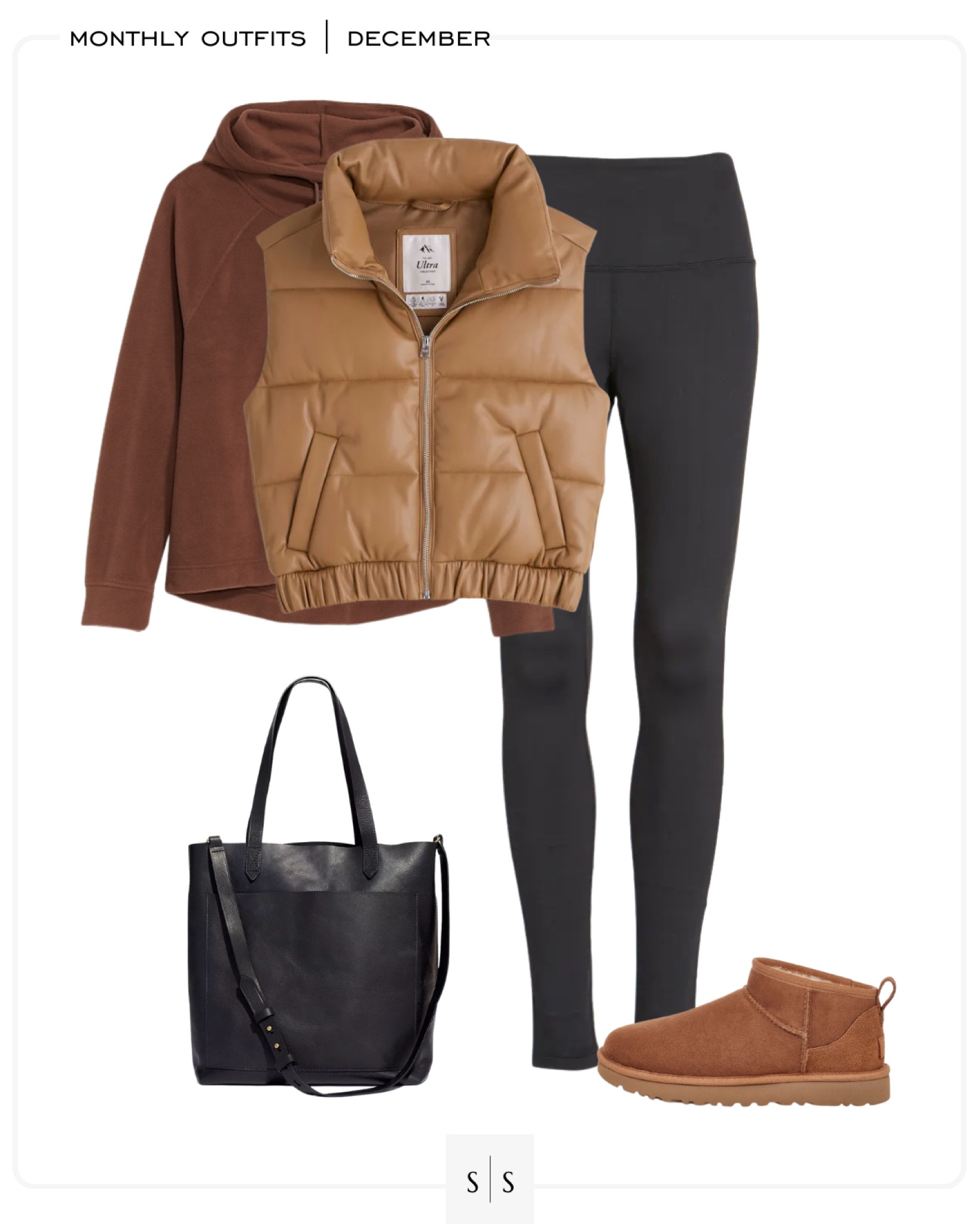 Monthly outfit planner : DECEMBER looks | #puffervest #fleecehoodie #leggings #miniuggs #casualstyle #winteroutfit | See entire calendar on thesarahstories.com ✨ 

#LTKstyletip