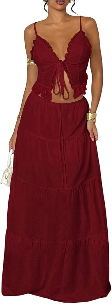 Floerns Women's 2 Piece Outfit Lace Trim Tie Front Camisole Top Tiered Maxi Skirts Set | Amazon (US)