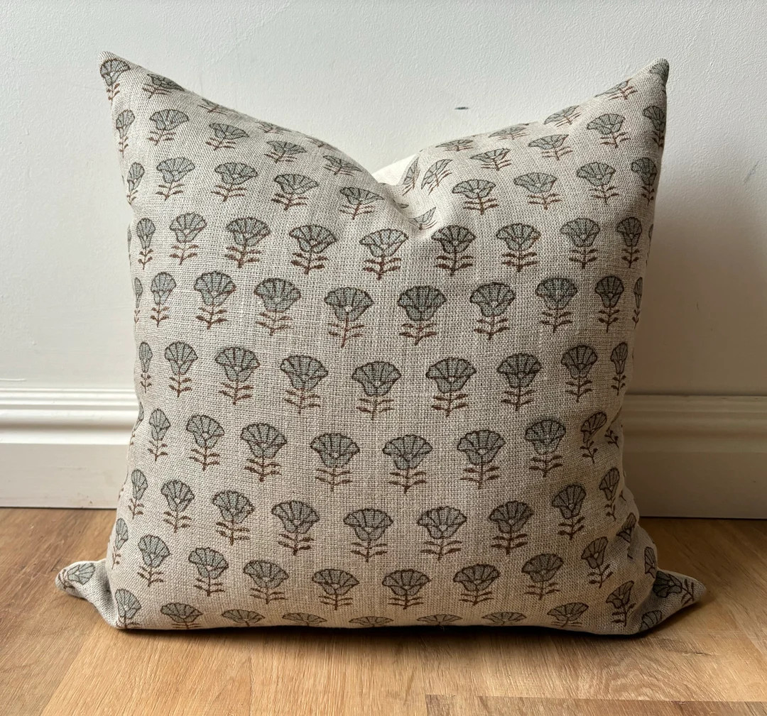 Authentic Boho Floral Indian Hand Block Stamped Linen Print Pillow Cover Blue Brown Natural Avail... | Etsy (US)