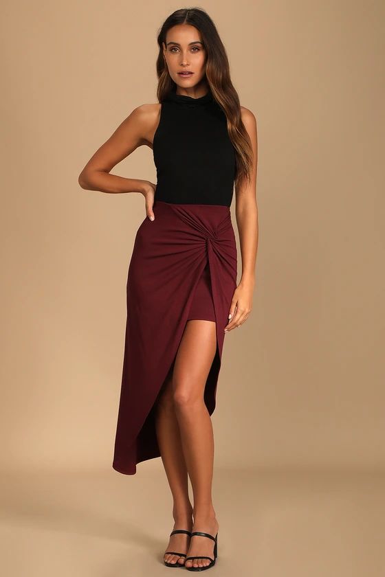 Put a Spin On It Burgundy Twist-Front High-Low Midi Skirt | Lulus (US)