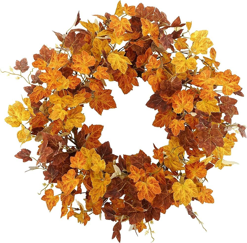 WreathDream 18'' Fall Wreath Autumn Wreath for Front Door with Yellow and Rusty Leaves for Thanks... | Amazon (US)