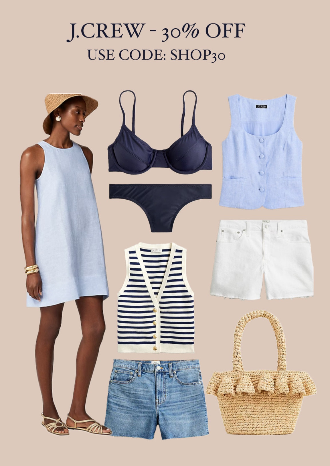 30% off Jcrew spring styles!! #springfashion #springstyle #springoutfit #preppy #jcrew #summerfashion #swim #bikini #springdress #blueandwhite #raffia #strawbag

#LTKsalealert #LTKswim #LTKstyletip