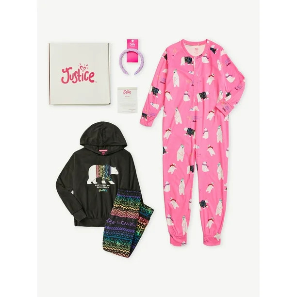 Justice Girls Holiday II Sleep Gift Box - 4 Piece Set includes a Long Sleeve Button Front Onesie,... | Walmart (US)