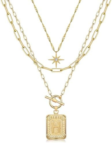 MJartoria Layered Initial Necklaces for Women Trendy, 14K Gold Plated Brass Simple Star Choker Sq... | Amazon (US)