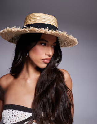 South Beach straw boater hat with contrast band in beige | ASOS (Global)