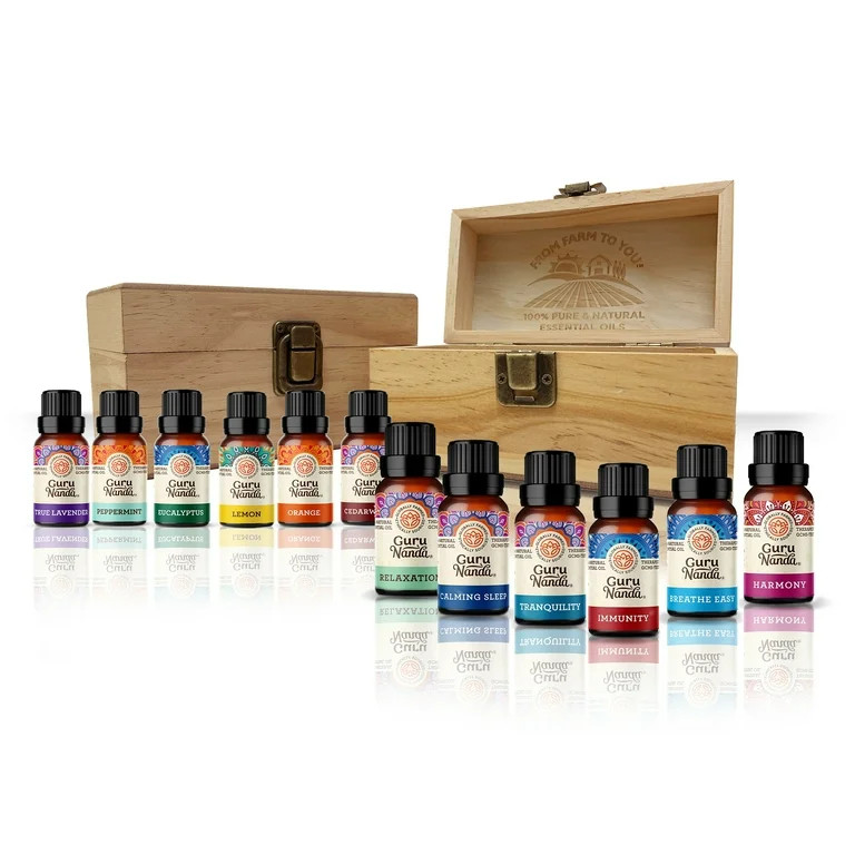 Guru Nanda Essential Oil Blends with Wooden Storage Box- Set of 12 , Various Scents, 10ml - Walma... | Walmart (US)