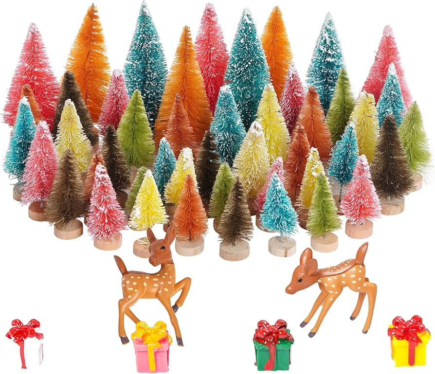 Yookat 51Pcs Mini Pine Trees Artificial Mini Trees with Wood Base Sisal Trees Bottle Brush Trees ... | Amazon (US)