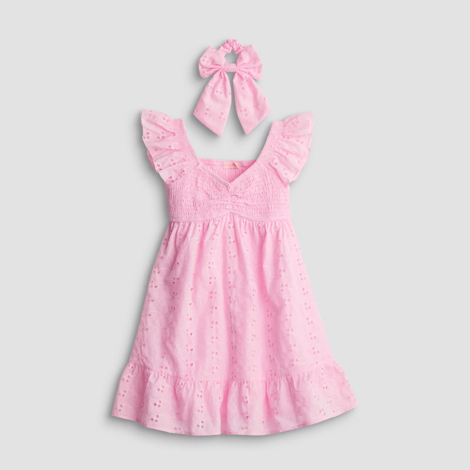 Girls 4-12 Inspired Hearts Embroidered Smocked Eyelet Dress & Scrunchie, Girl's, Size: Small, Pink | Kohl's