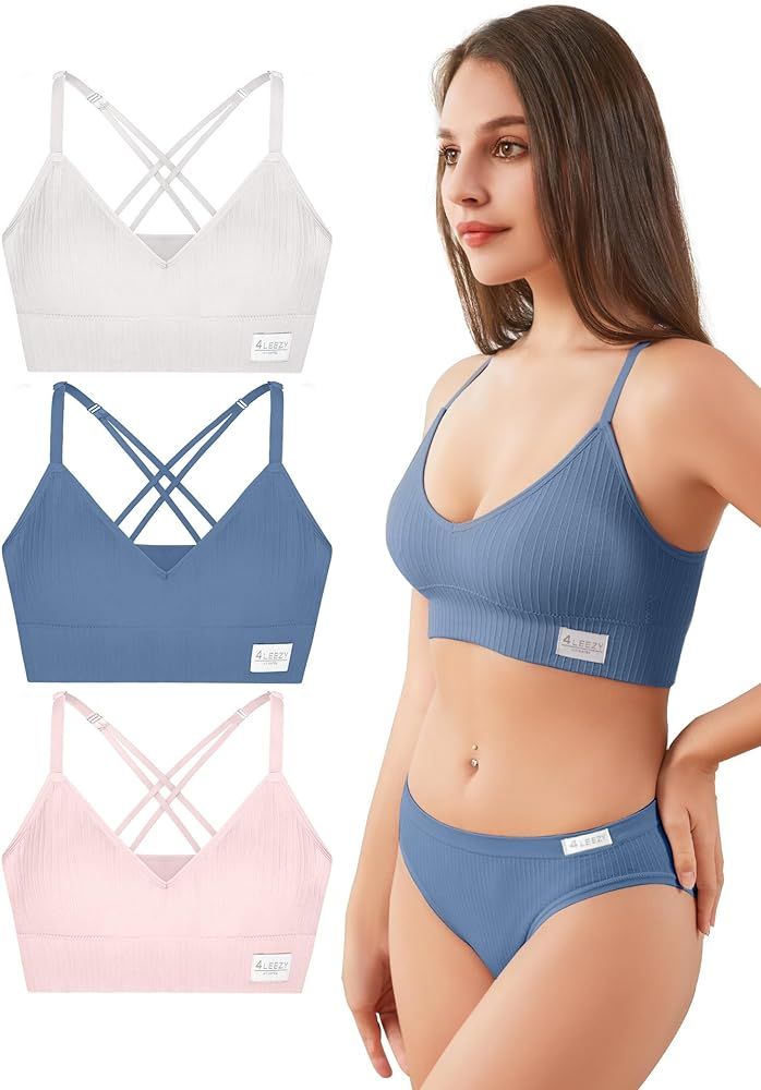 Sports Bras for Women - 3 Pack Ribbed Wireless Soft Workout Tops Padded Bralettes Racerback Comfo... | Amazon (US)