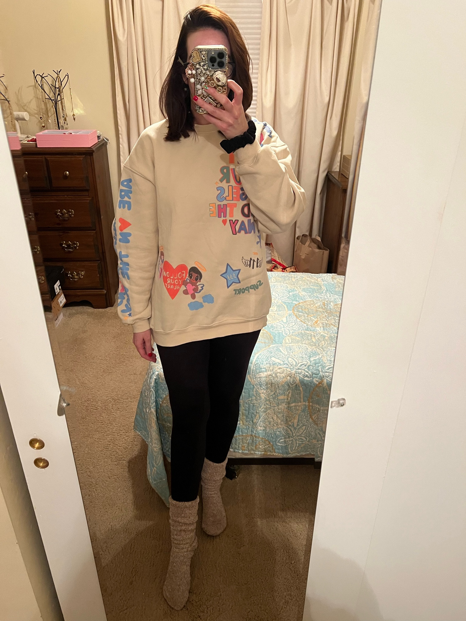 Oversized graphic sweatshirt (extra small). Black high waisted leggings (small). #sweatshirts #sweatshirt #oversizedsweatshirt #blackleggings #leggings #highwaistedleggings #casualoutfit #winteroutfit #socks #fuzzysocks Winter Outfit  

#LTKStyleTip #LTKFindsUnder100 #LTKSeasonal