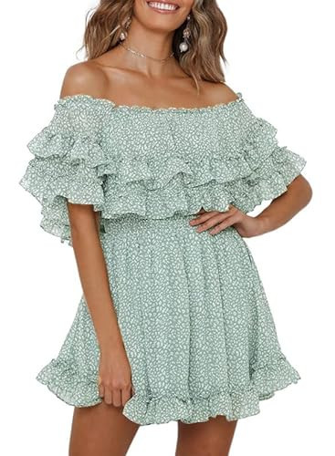 Dokotoo Women's Junior Dresses Spring Summer Off The Shoulder Elastic Empire Waist Floral Bohemian Ruffle Chiffon Summer Dress for Women Green X-Large | Amazon (US)