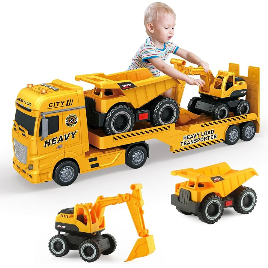 Large Flatbed Semi Truck Toy for Kids, 25.6'' Construction Carrier Semi Truck with Excavator and ... | Amazon (US)