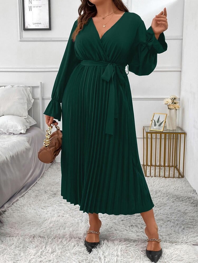 Plus Flounce Sleeve Pleated Hem Belted Dress | SHEIN