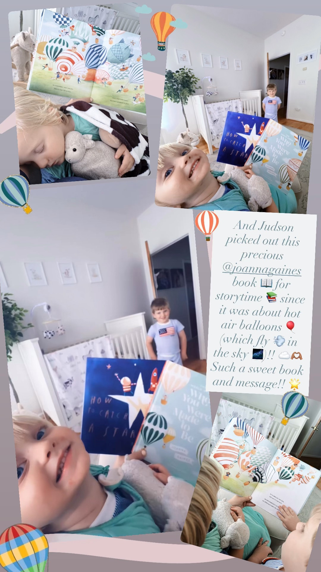 And Judson picked out this precious @joannagaines book 📖 for storytime 📚 since it was about hot air balloons 🎈 (which fly 💨 in the sky 🌌)!! ☁️🫶🏽 Such a sweet book and message!! 🌟