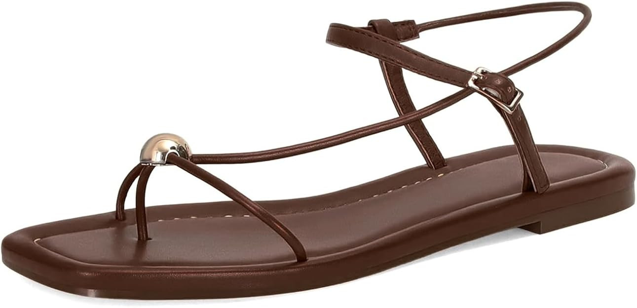 Strappy Flat Sandals for Women Comfortable Open Square Toe Sandals Dressy Beach Thong Flip Flop S... | Amazon (US)