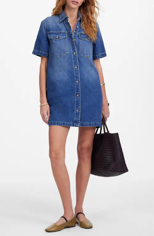 Madewell Boxy Short Sleeve Denim Shirtdress in Demarco Wash at Nordstrom, Size X-Large | Nordstrom