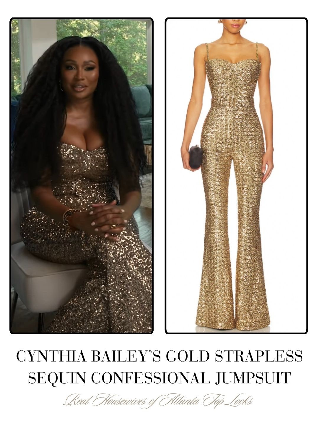 Cynthia Bailey’s Gold Strapless Sequin Confessional Jumpsuit 