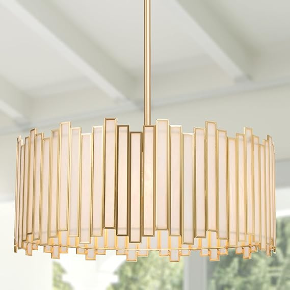 Durent Lighting Gold Drum Chandelier 4-Light Modern Drum Pendant Lighting Fixture with Cream Glas... | Amazon (US)