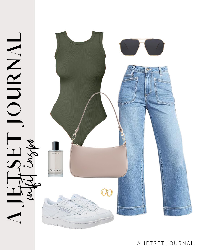 For the last outfit idea, wear an army-green bodysuit from ANRABESS with Cicy Bell’s cropped wide-leg jeans. These polarized sunnies from SOJOS, paired with a shoulder bag, are a perfect way to style the fit. You can throw on a pair of huggie earrings to complete the look.

#LTKSeasonal #LTKSaleAlert #LTKTravel
 

 