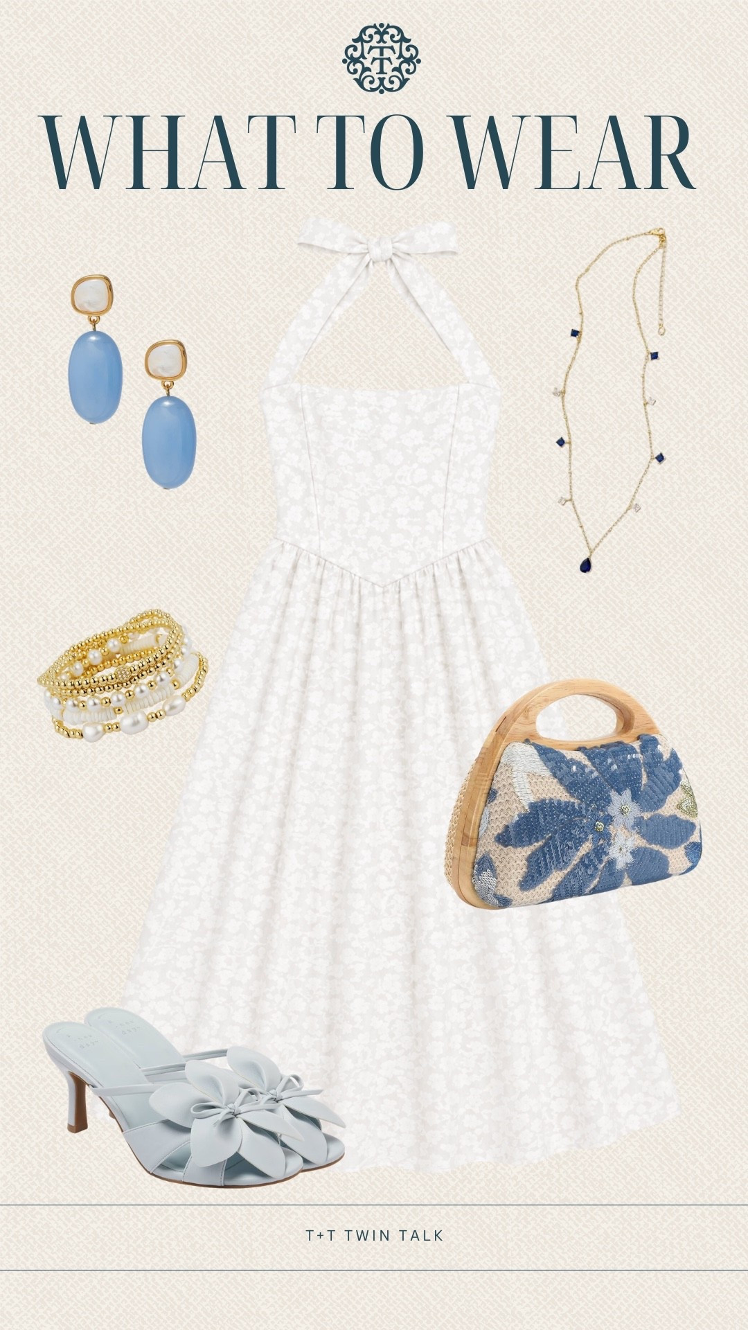 We paired a soft white dress with light blue accents and simple gold details. We added the statement earrings, layered bracelets, and a printed bag to bring it together without overdoing it. This works for a shower, brunch, or a daytime event.

#LTKSeasonal #LTKOver40 #LTKMidsize