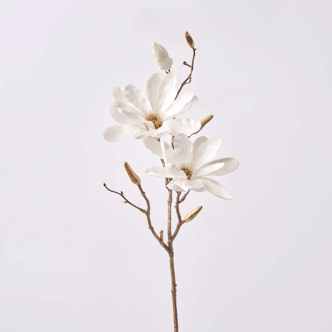 Winter White Shimmer Velvet Magnolia Blooms & Buds on Gold Brushed Branch Faux Holiday Spray - 26... | Darby Creek Trading