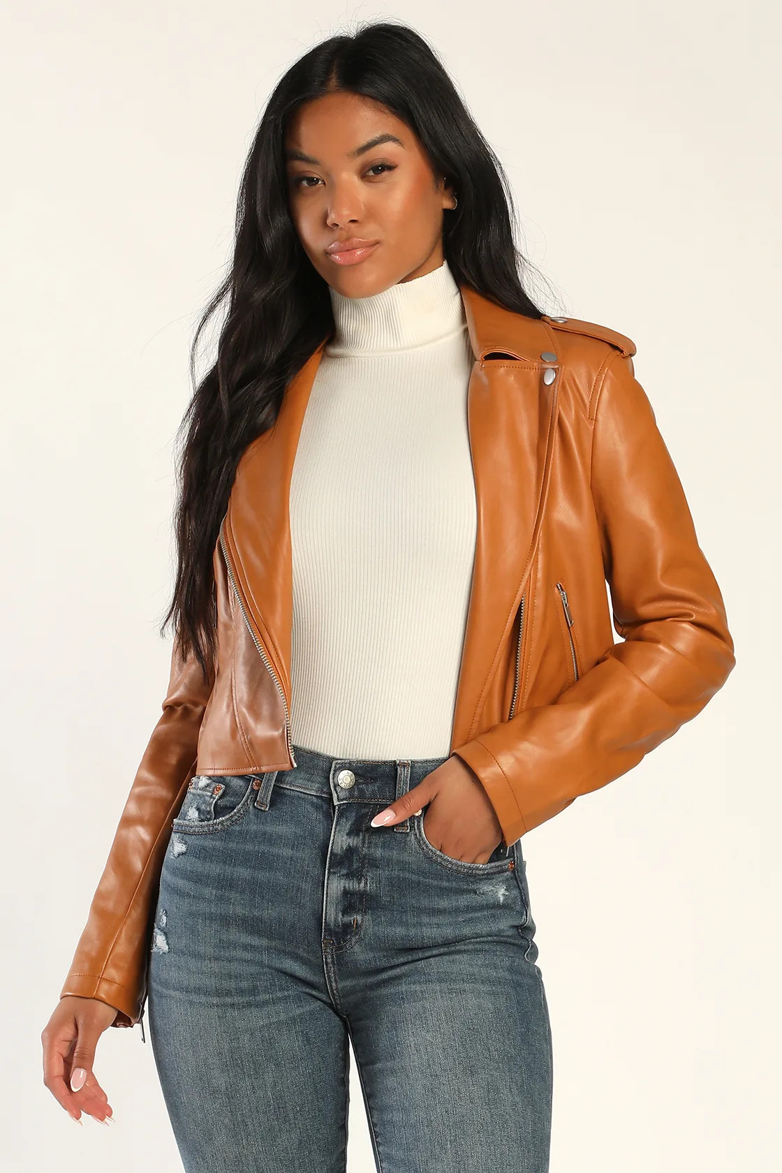 Bougie Baddie Tan Cropped Vegan Leather Motorcycle Jacket | Lulus (US)