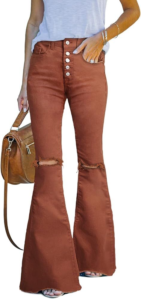 Amazon.com: Sidefeel Womens Distressed Button Fly Jeans Raw Hem Bell Bottom Denim Pants XX-Large ... | Amazon (US)