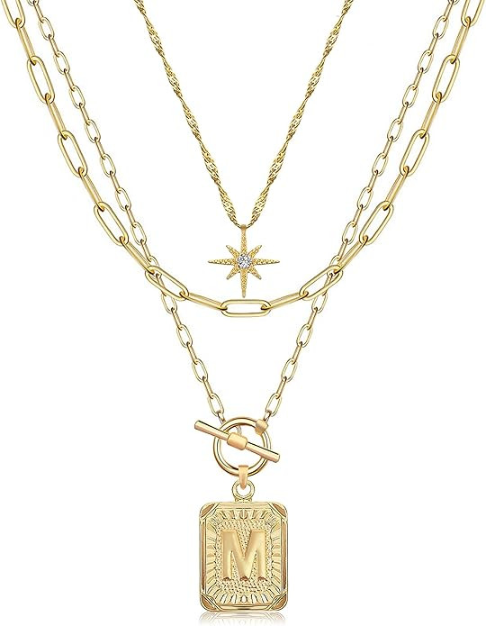 MJartoria Layered Initial Necklaces for Women Trendy, 14K Gold Plated Brass Simple Star Choker Sq... | Amazon (US)