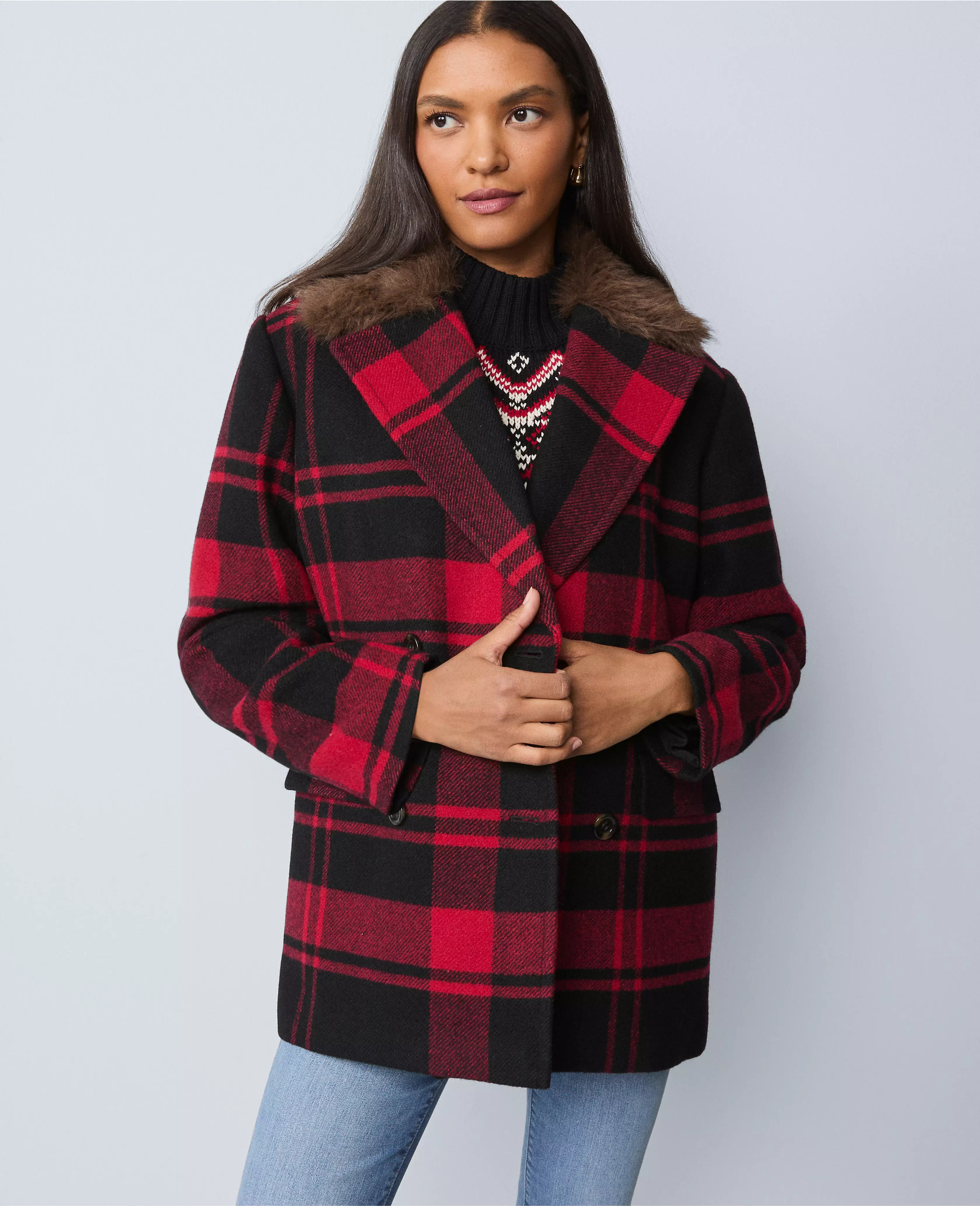 Weekend Collection Plaid Faux Fur Trimmed Peacoat | Ann Taylor