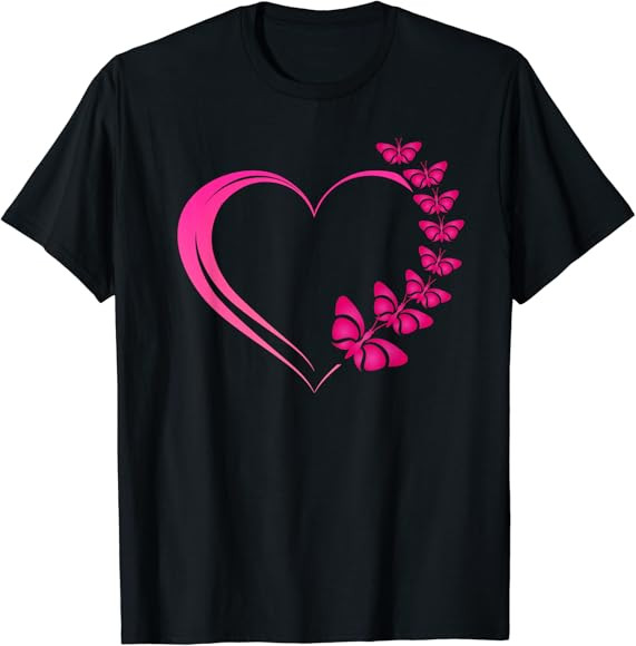 Hot Pink Heart with Pink Butterflies for Women and Girls T-Shirt | Amazon (US)