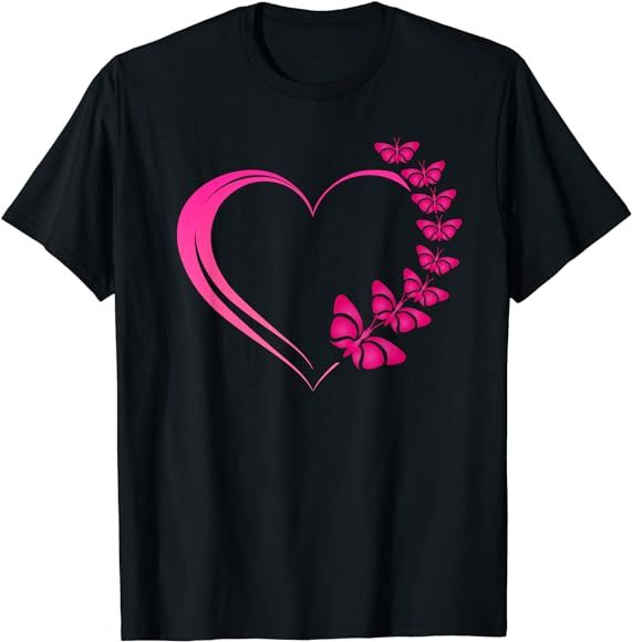 Hot Pink Heart with Pink Butterflies for Women and Girls T-Shirt | Amazon (US)