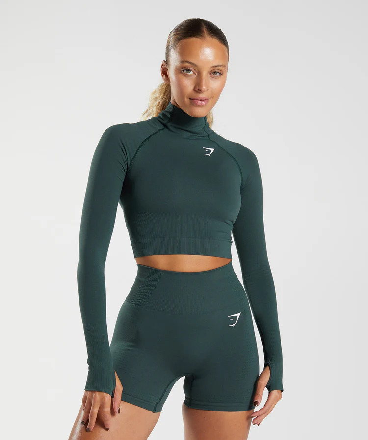 Gymshark Vital Seamless 2.0 High Neck Midi Top - Woodland Green Marl | Gymshark US