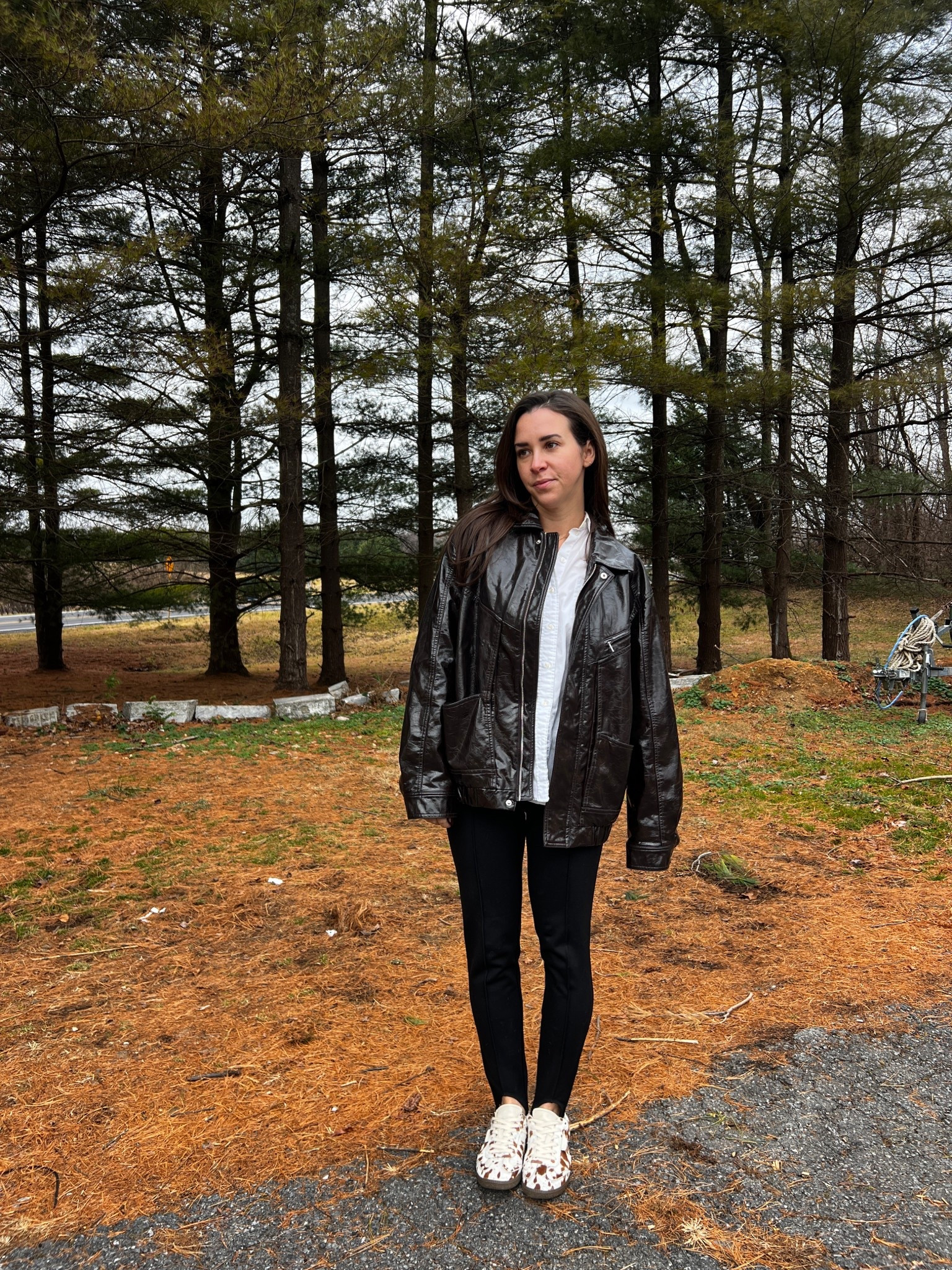 Stirrup leggings. Casual style. What I wore. Oversized jacket. Faux leather jacket. Make. Rent the runway. 

#LTKFindsUnder100 #LTKSaleAlert #LTKootd