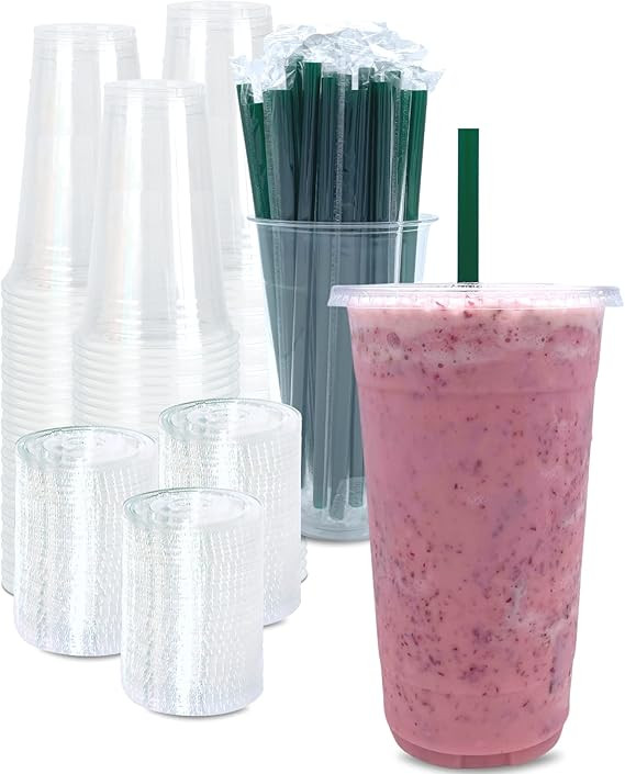 [100 SETS] 32 oz Clear Plastic Cups with Lids and STRAWS, Disposable Drinking Cups for Cold Drink... | Amazon (US)