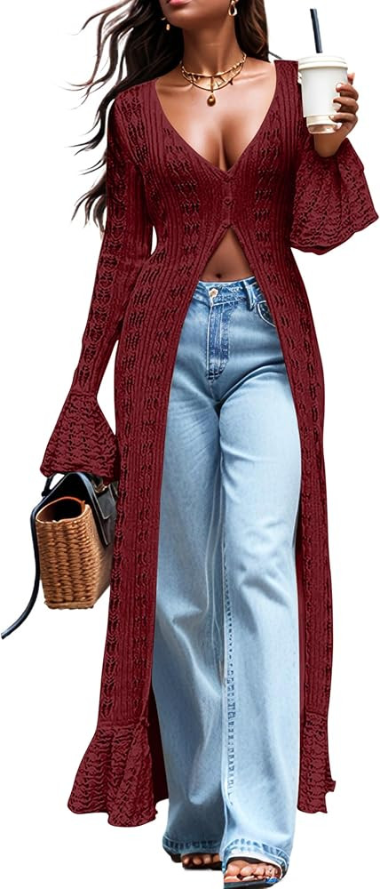 Cardigan Sweaters for Women Trendy Lightweight Crochet Long Duster Button Up Bell Long Sleeve Ruf... | Amazon (US)