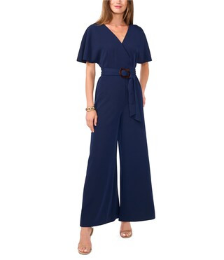 Vince Camuto Crinkle Twill V-Neck Short Sleeve Belted Wide Leg Jumpsuit | Dillard's | Dillard's