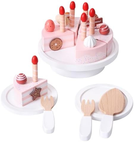 Wooden Birthday Cake Toys, DIY Pretend Play Food for Kids, Tea Party Fake Cake with Candles Plate... | Amazon (US)
