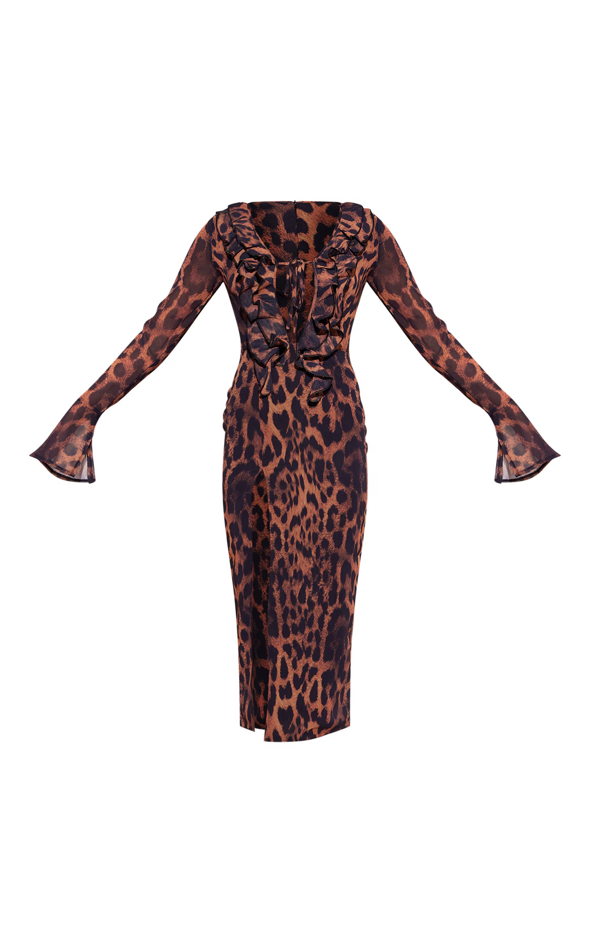 Leopard Print Chiffon Long Sleeve Frill Detail Midi Dress | PrettyLittleThing UK