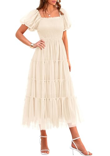 PRETTYGARDEN Women's Smocked Midi Tulle Dress 2025 Summer Puffy Short Sleeve Square Neck Ruffle W... | Amazon (US)