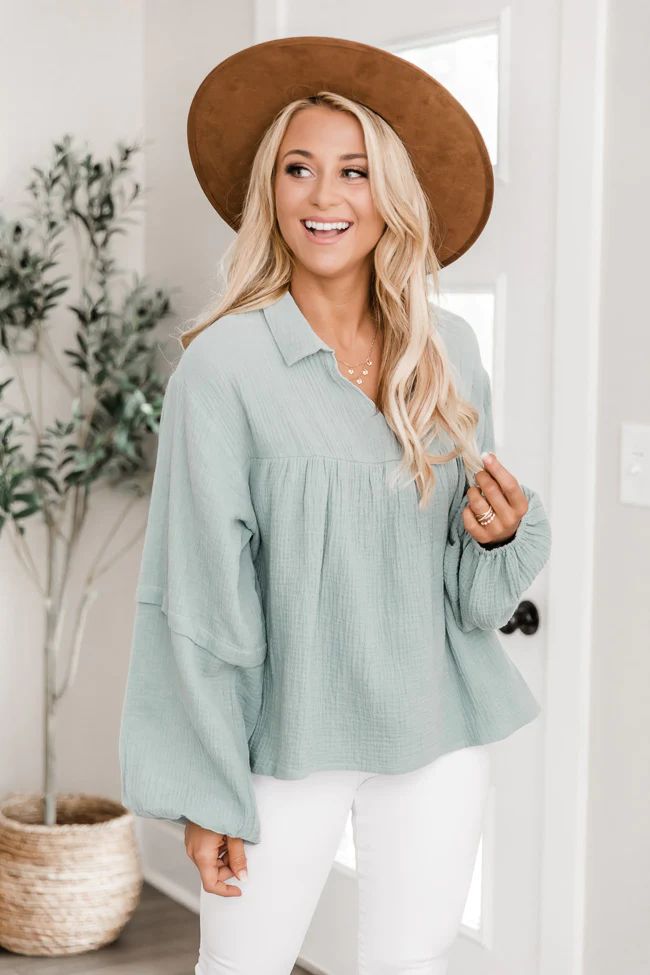 My Only Dedication Sage Balloon Sleeve Blouse | The Pink Lily Boutique