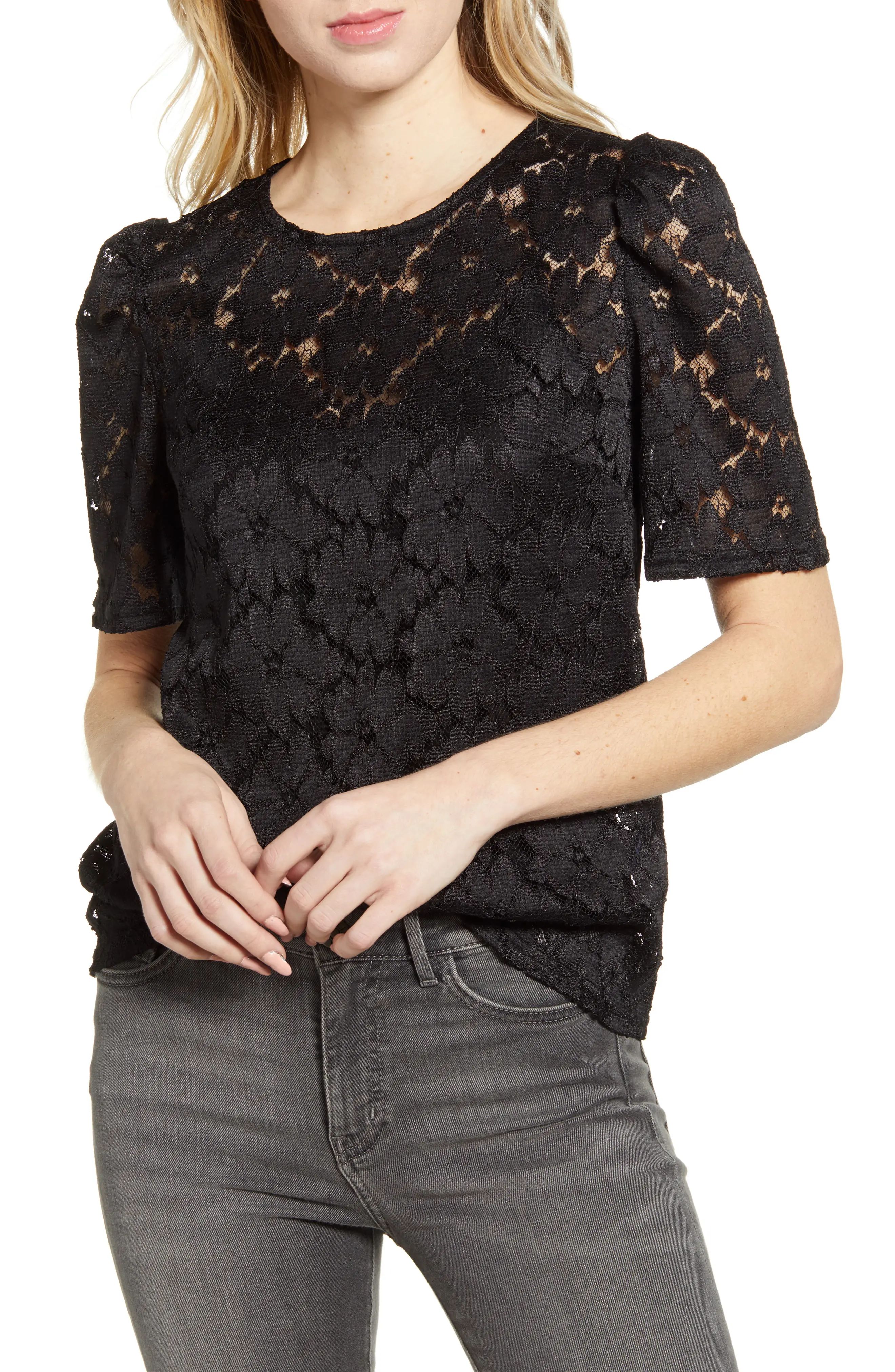Women's Chelsea28 Puff Sleeve Lace Top, Size Small - Black | Nordstrom